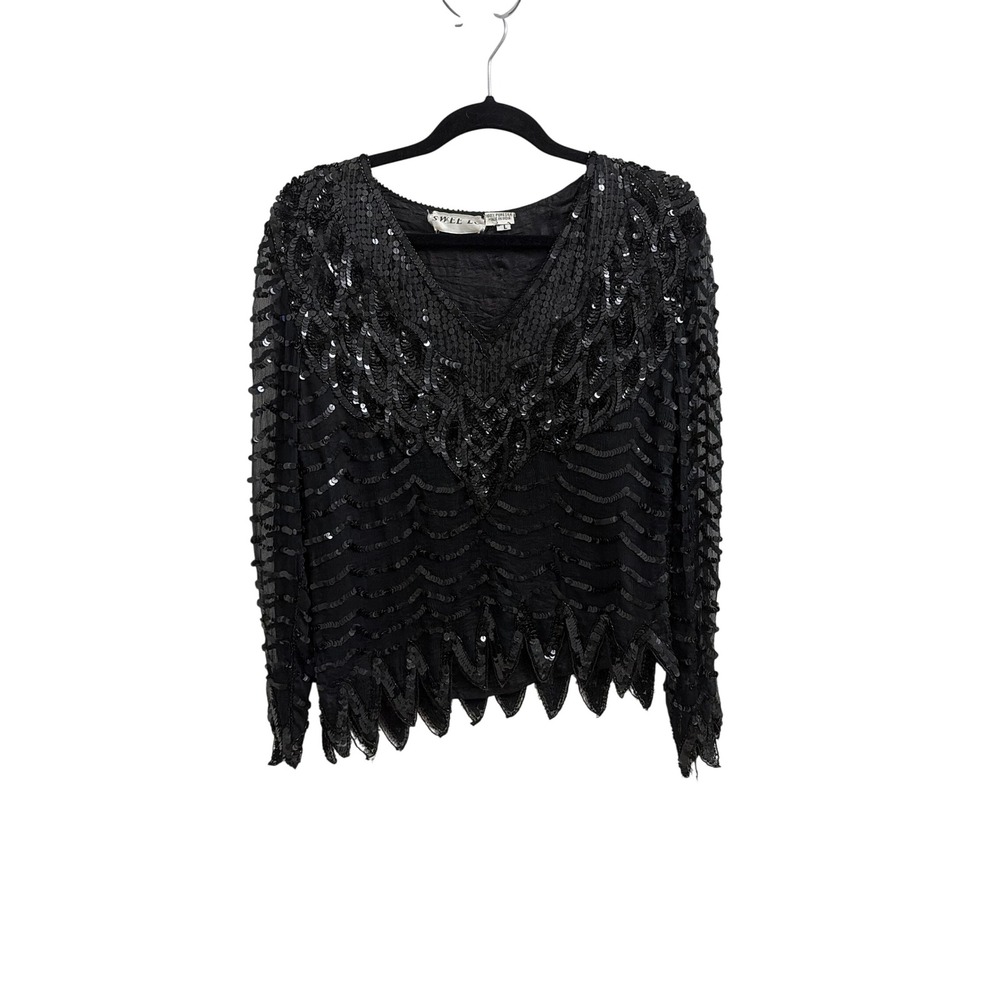 Vintage Swee Lo Black Silk Sequined Evening Top L Asymmetrical Hem Art Deco